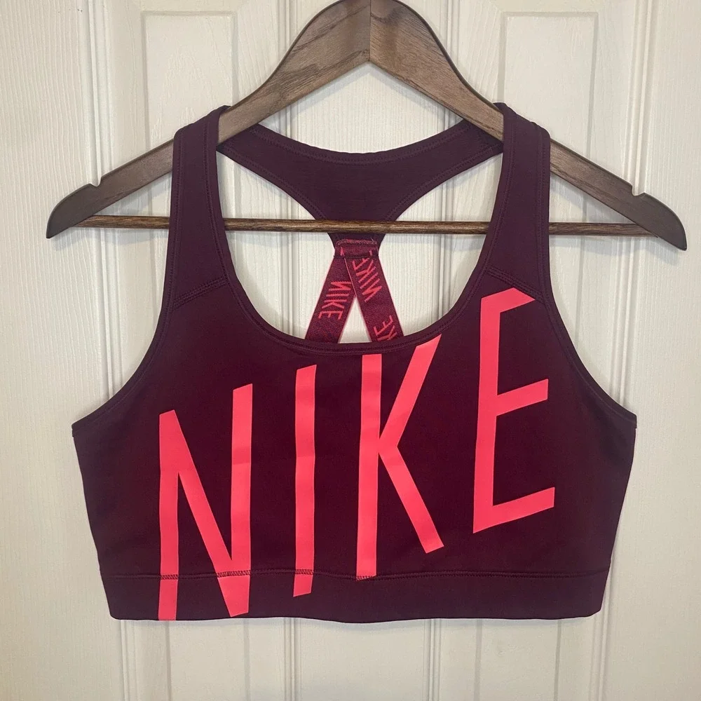 Nike Womens Dri-FIT Sports Bra XL Burgundy Maroon Neon Pink Logo Racerback